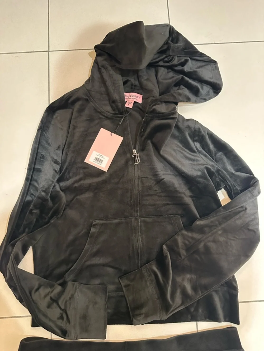 Juicy Couture Black Hooded tracksuit Set with Rhinestone Logo Sz L Y2K